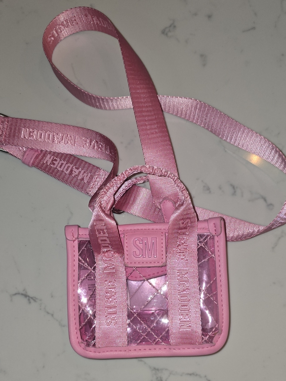 Steve Madden Pink Quilted Clear Mini Crossbody Bag with Ribbon Strap
